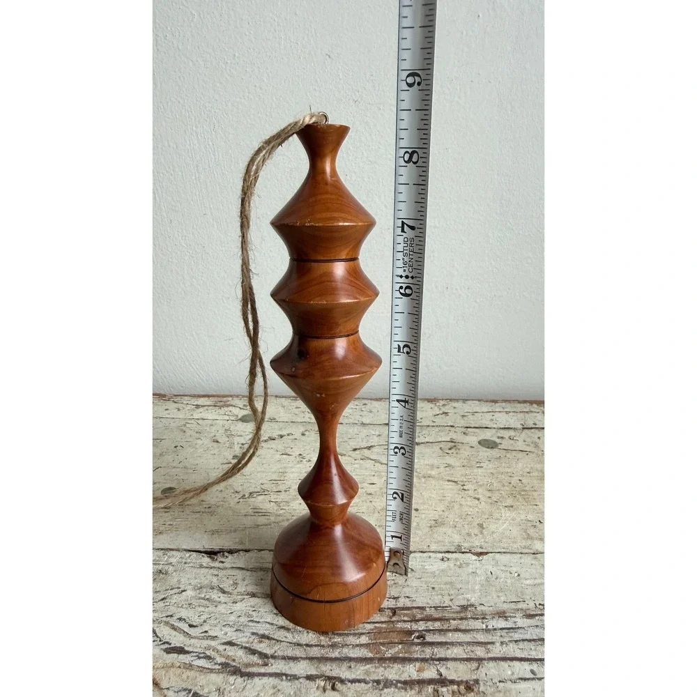 Hand Turned Wood Light Pull Hanging Ornament Geometric Spindle 8.5 Inch